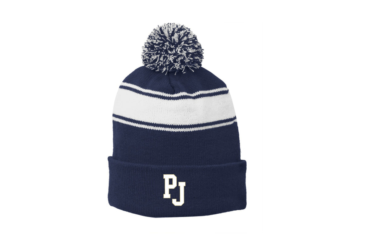 Pope John Football Pom Beanie Hat - Navy/White (Striped)