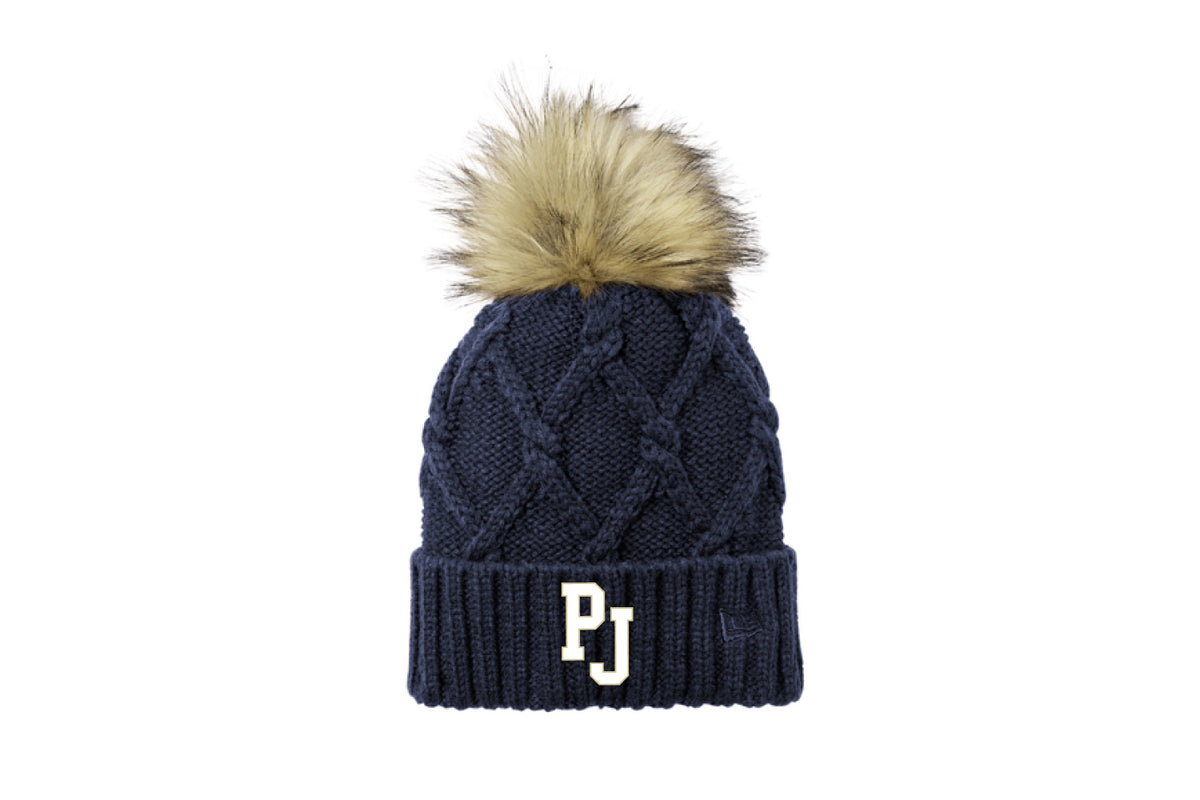 Pope John Football New Era Pom Beanie Hat - Navy (Faux Fur Hex)