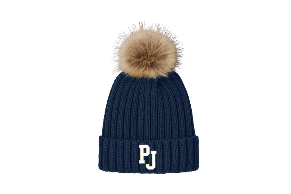 Pope John Football Pom Beanie Hat - Navy (Faux Fur Striped)