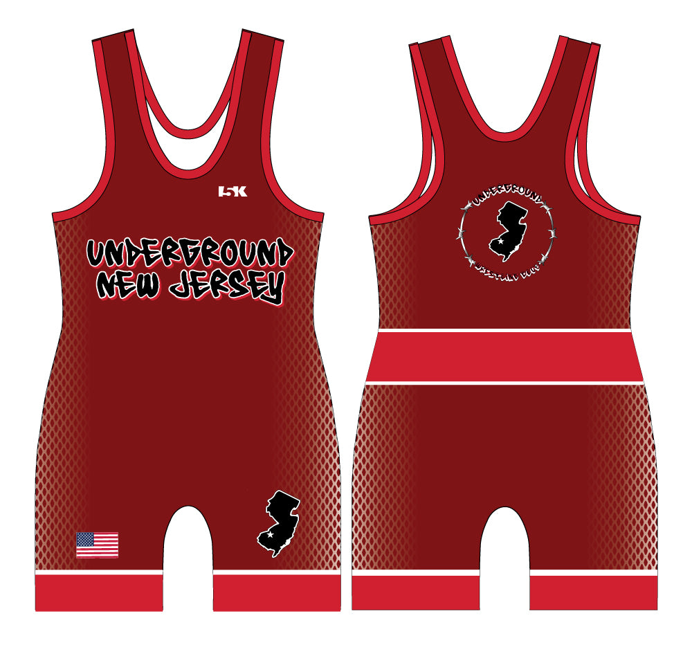 NJ Underground Wrestling Club Men's Freestyle Singlet (Front Logo)- Red - 5KounT