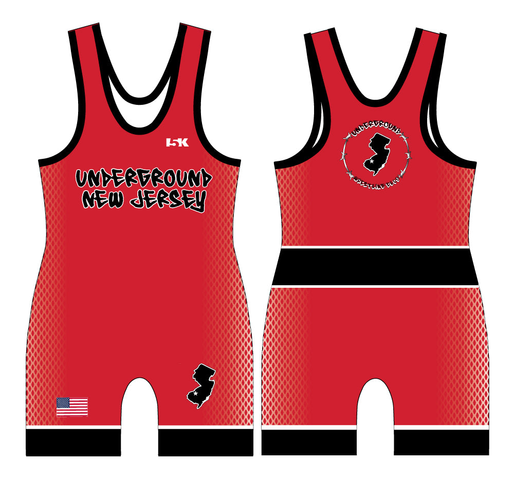 NJ Underground Wrestling Club Sublimated Men's Singlet v2 (Front Logo)- Black/White/Red - 5KounT