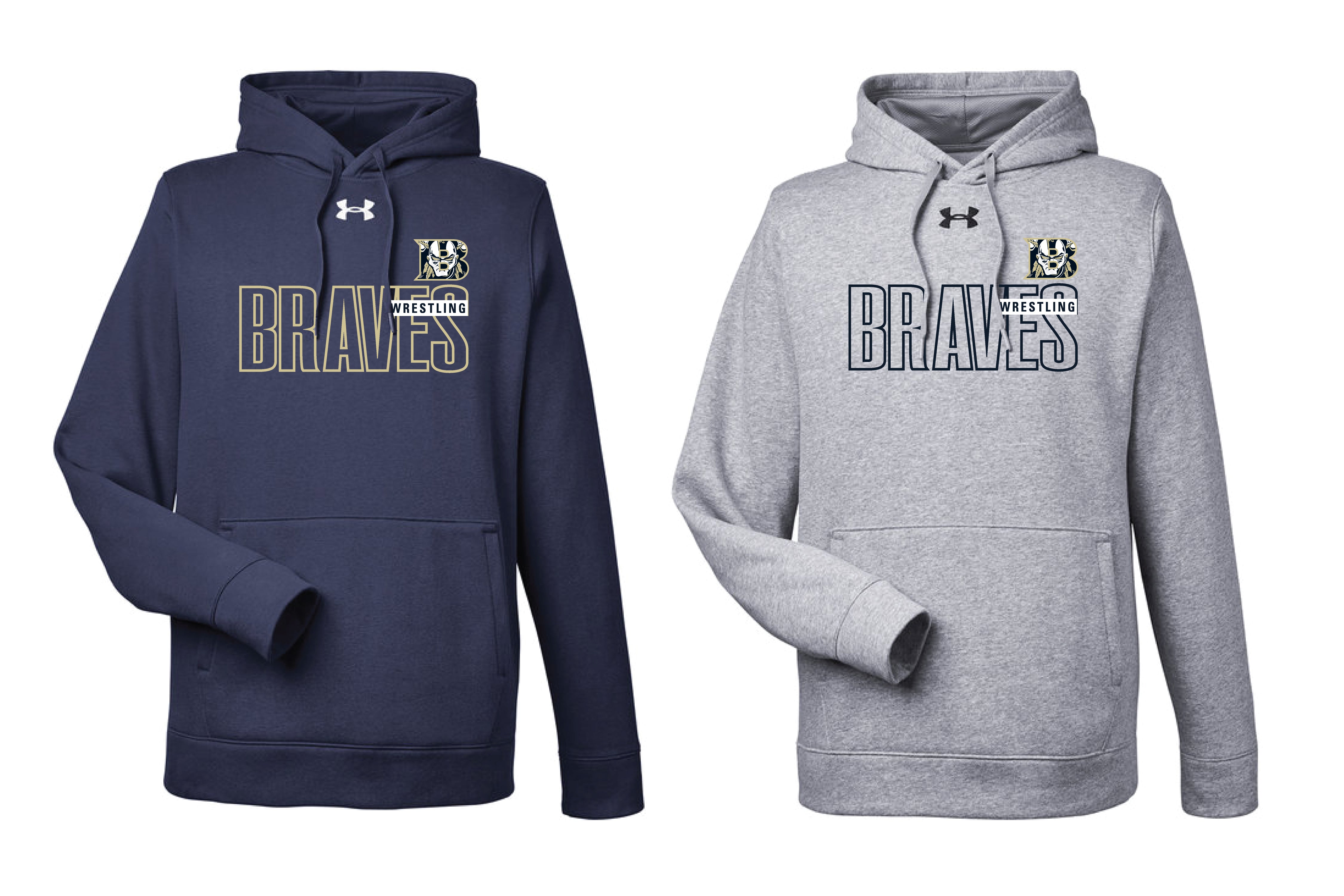 Braves Wrestling Barn Under Armour Men's Hustle Pullover Hooded Sweatshirt - Navy or Gray