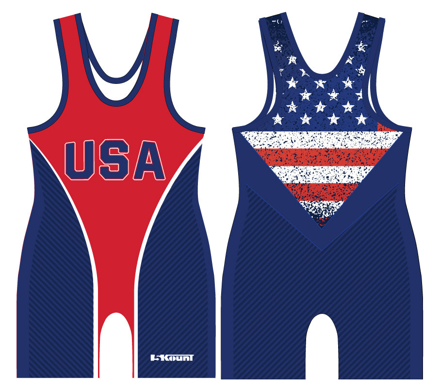 USA Freestyle Wrestling Sublimated Men's Singlet - Freestyle 1 - Red/Royal - 5KounT2018