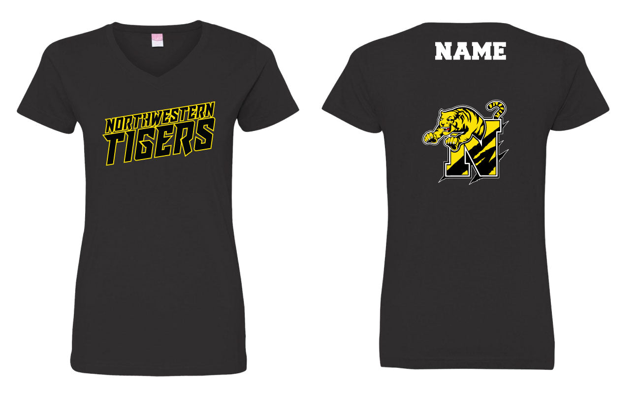 Northwestern Tigers Wrestling Cotton Women's V-Neck Tee - Black - 5KounT2018