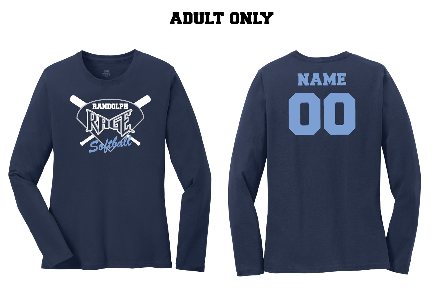 Randolph Rage Softball Ladies Long Sleeve Cotton Tee - Navy - 5KounT