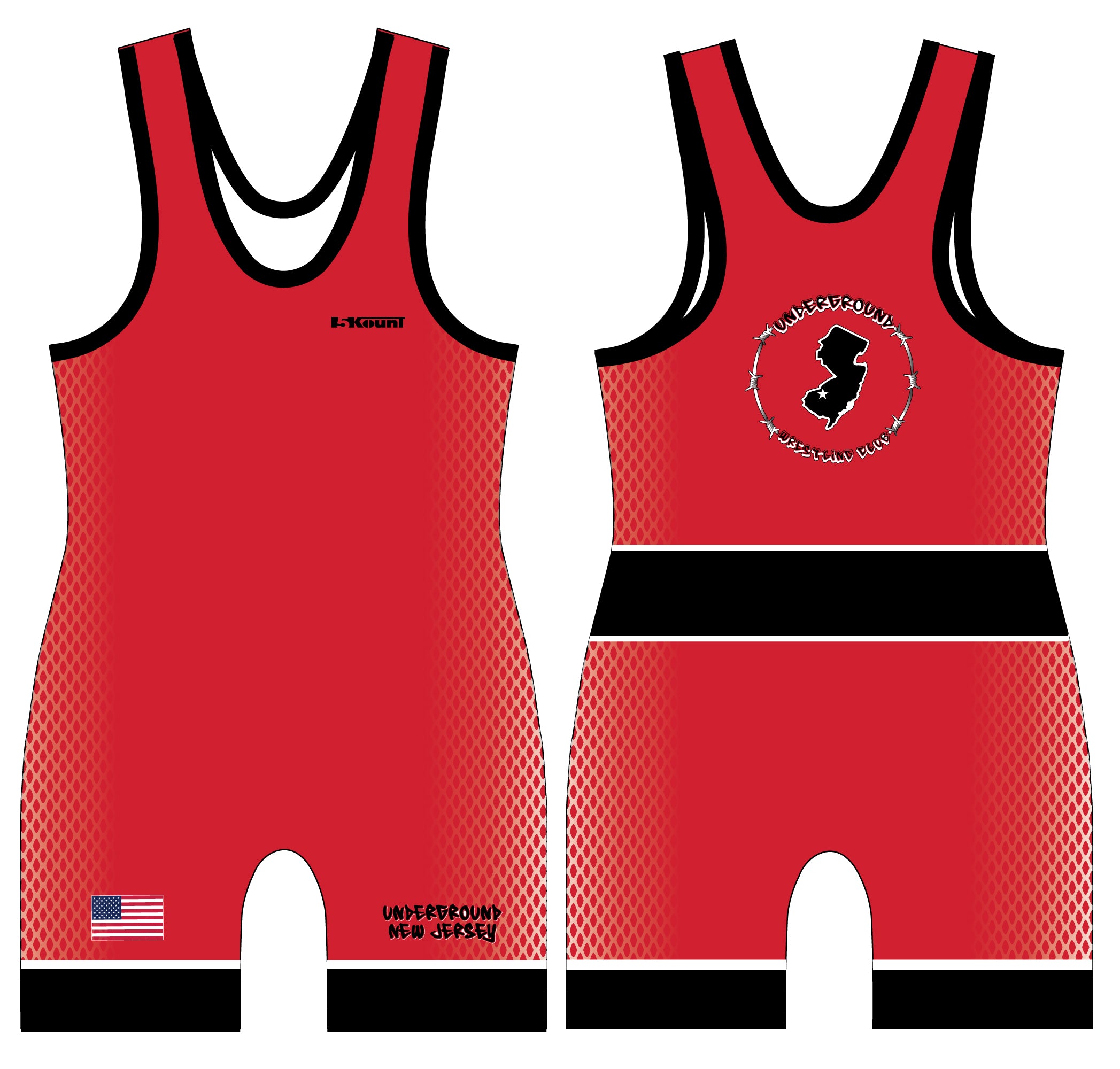 NJ Underground Wrestling Club Sublimated Men's Singlet v2 - Black/White/Red - 5KounT2018